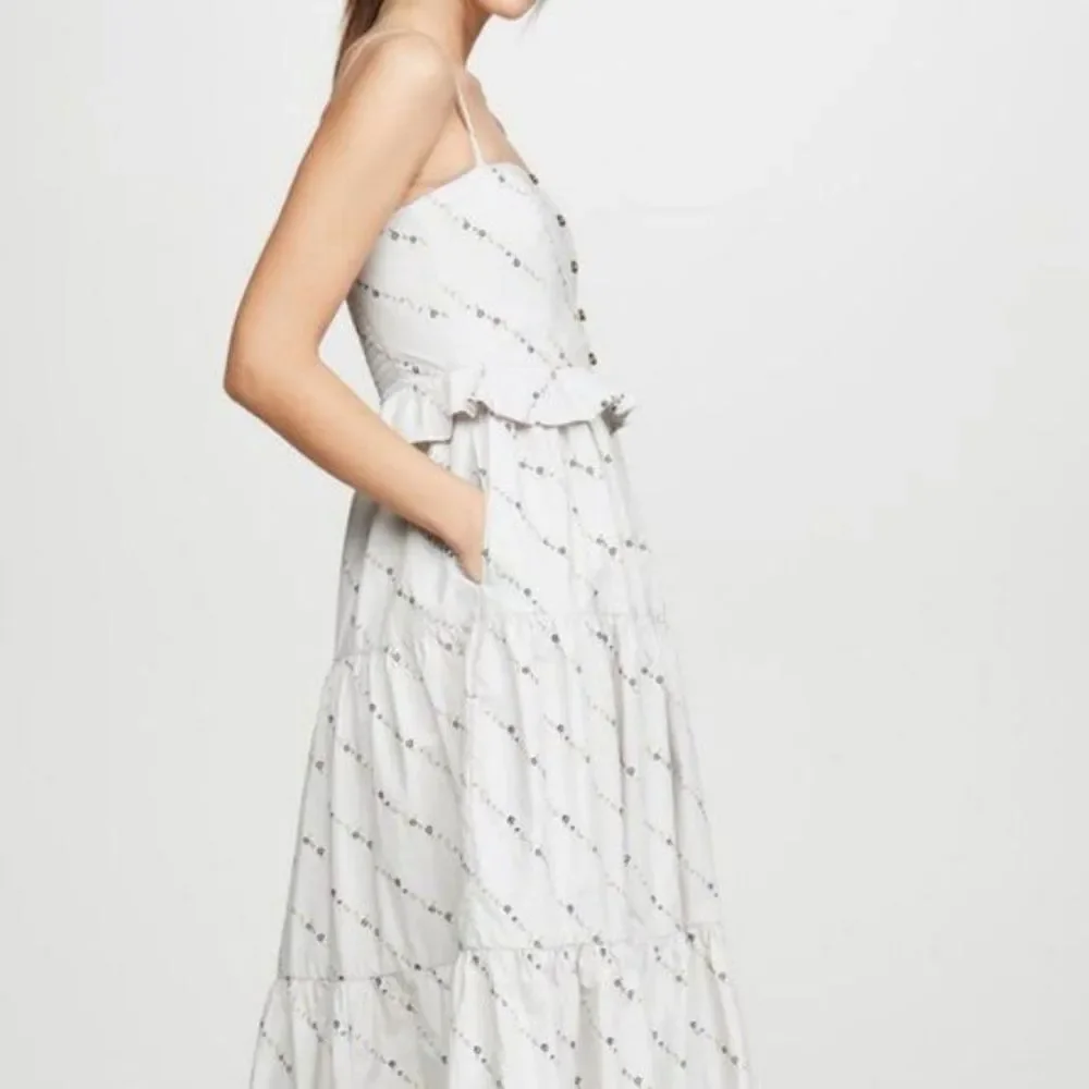 Ganni Gray Floral Print Ruffle Poplin Tiered A-line‎ Pocket Midi Sundress L